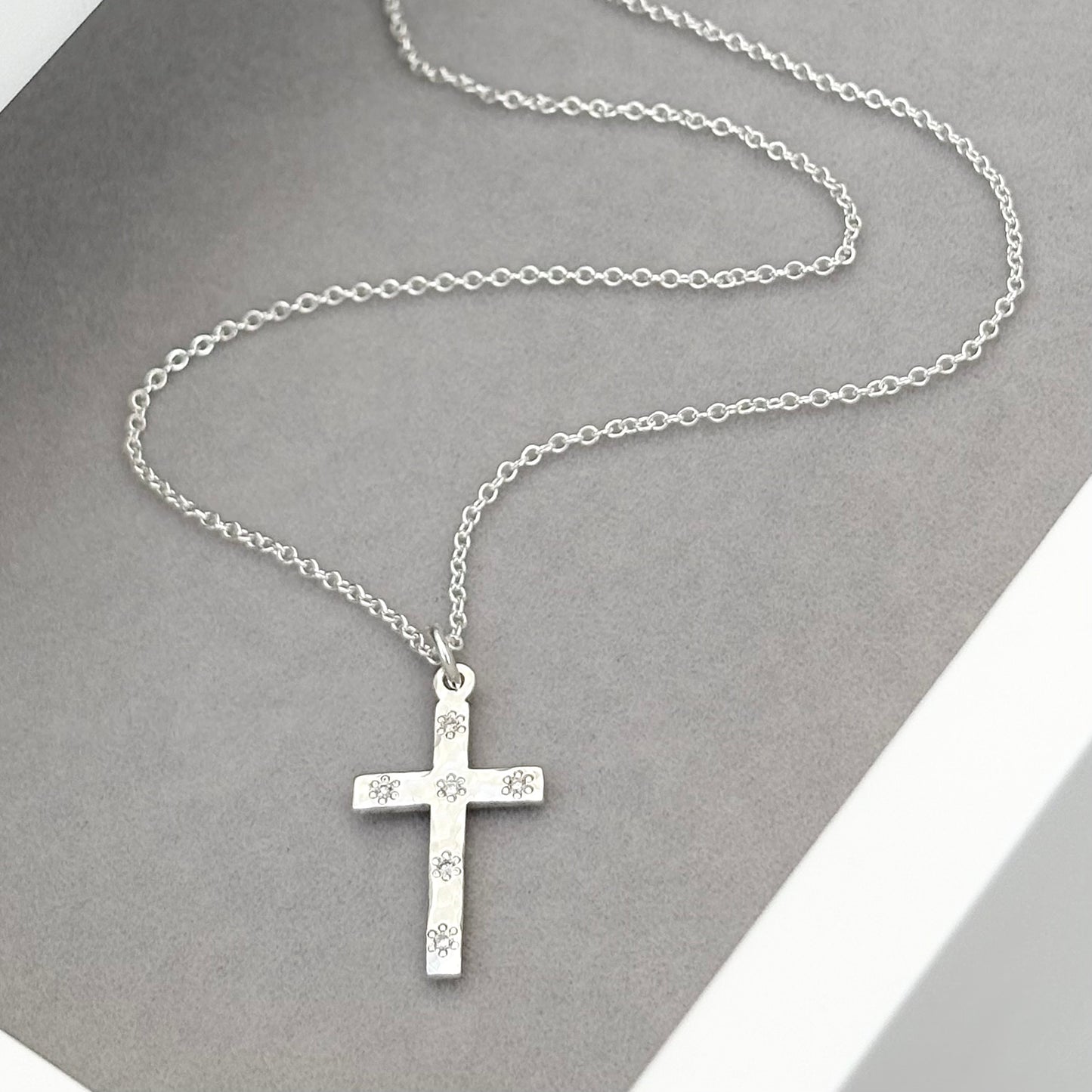 Handmade solid sterling silver floral set natural diamond hammered small cross pendant on a 1.2mm trace chain