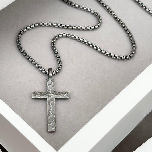 Oxidised or polished medium size sterling silver hammered cross pendant on a box belcher chain