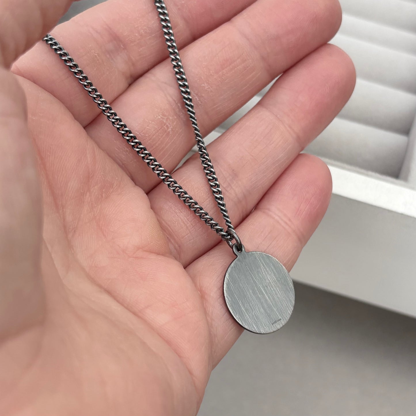 Oxidised or polished solid sterling silver round Saint Christopher pendant on a curb chain
