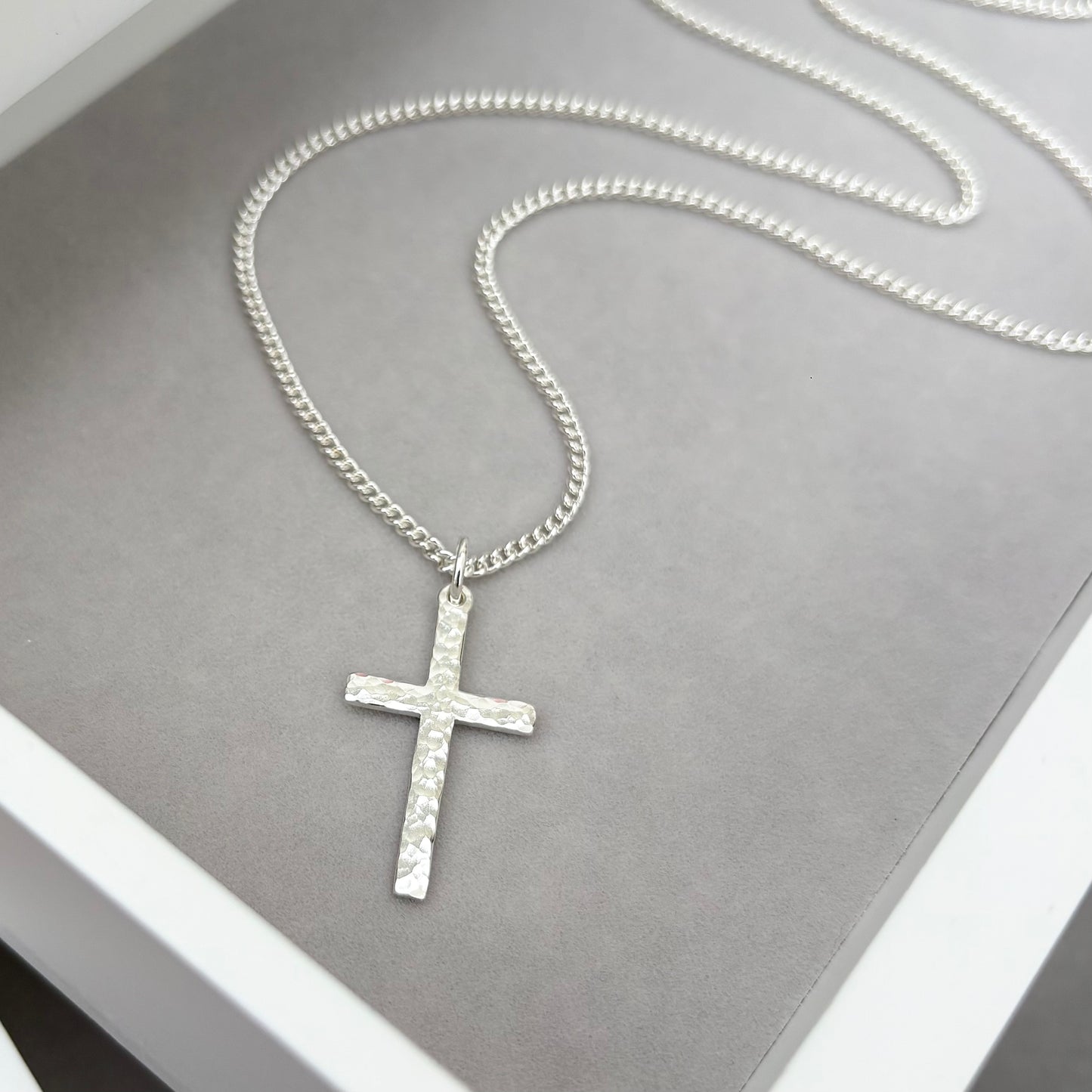 Oxidised or polished sterling silver standard size hammered cross pendant and on a curb chain