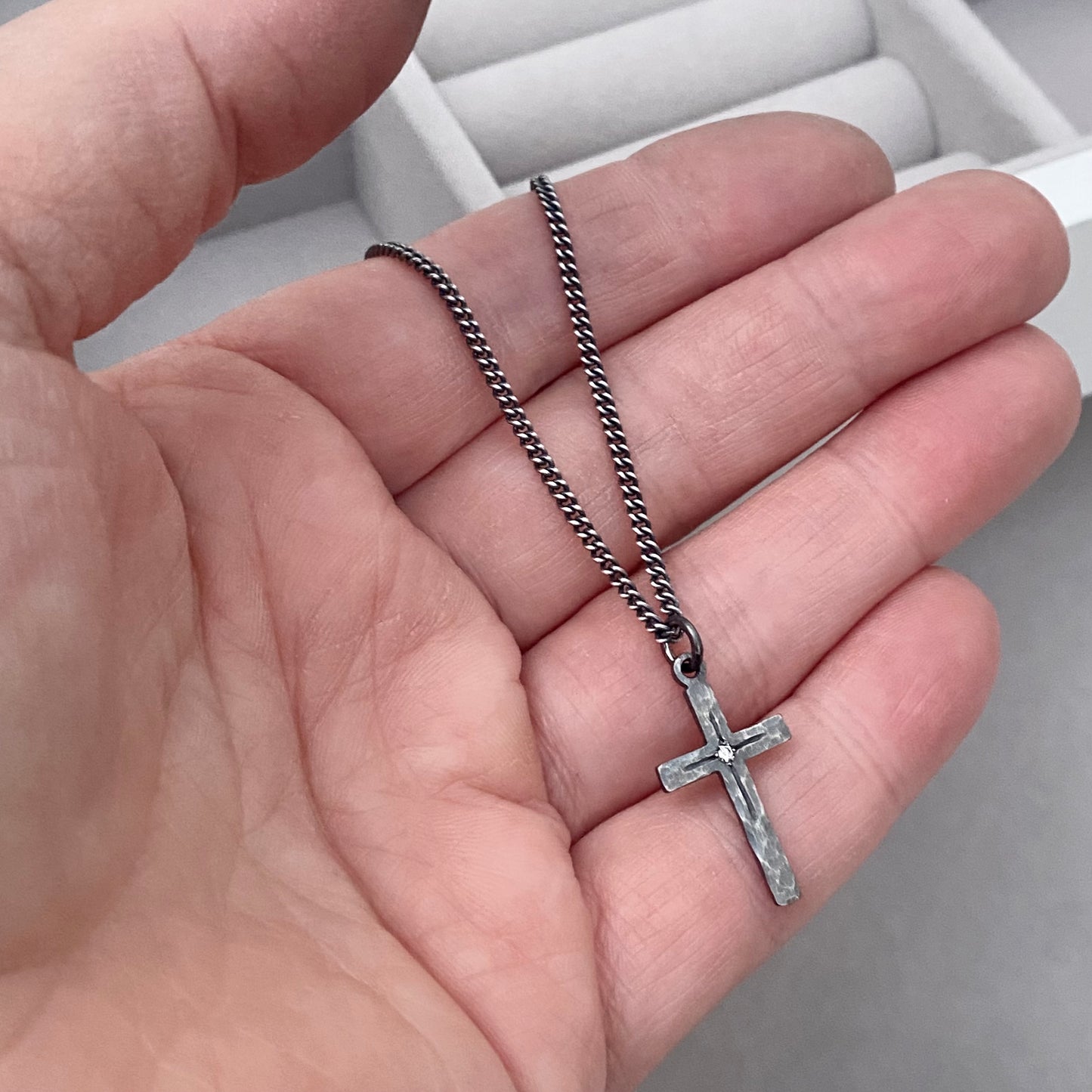 Oxidised solid sterling silver small or medium size diamond set cross pendants on a curb chain