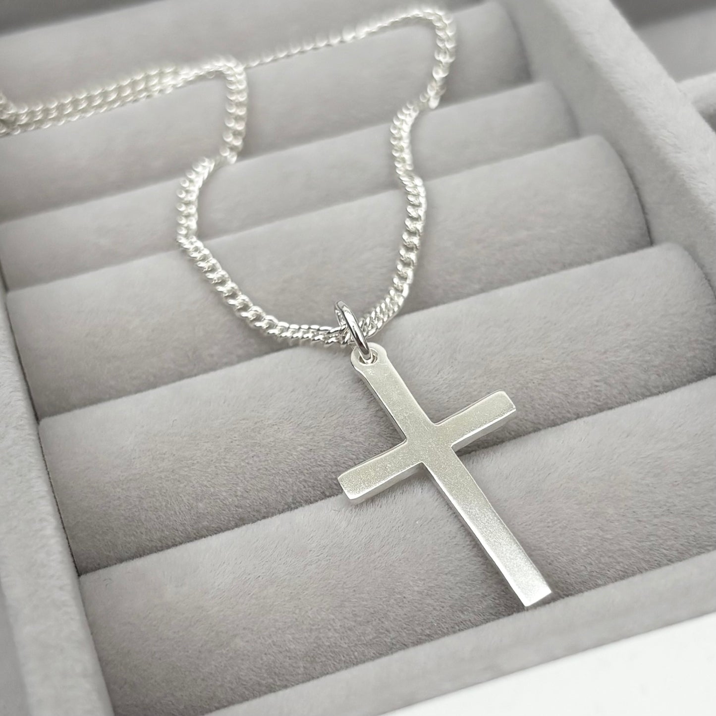 Oxidised or polished sterling silver standard size hammered cross pendant and on a curb chain