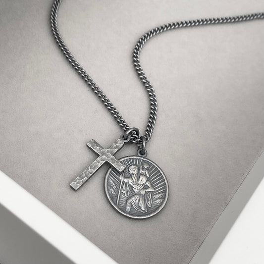 Oxidised or polished silver round Saint Christopher and hammered cross pendant and curb chain