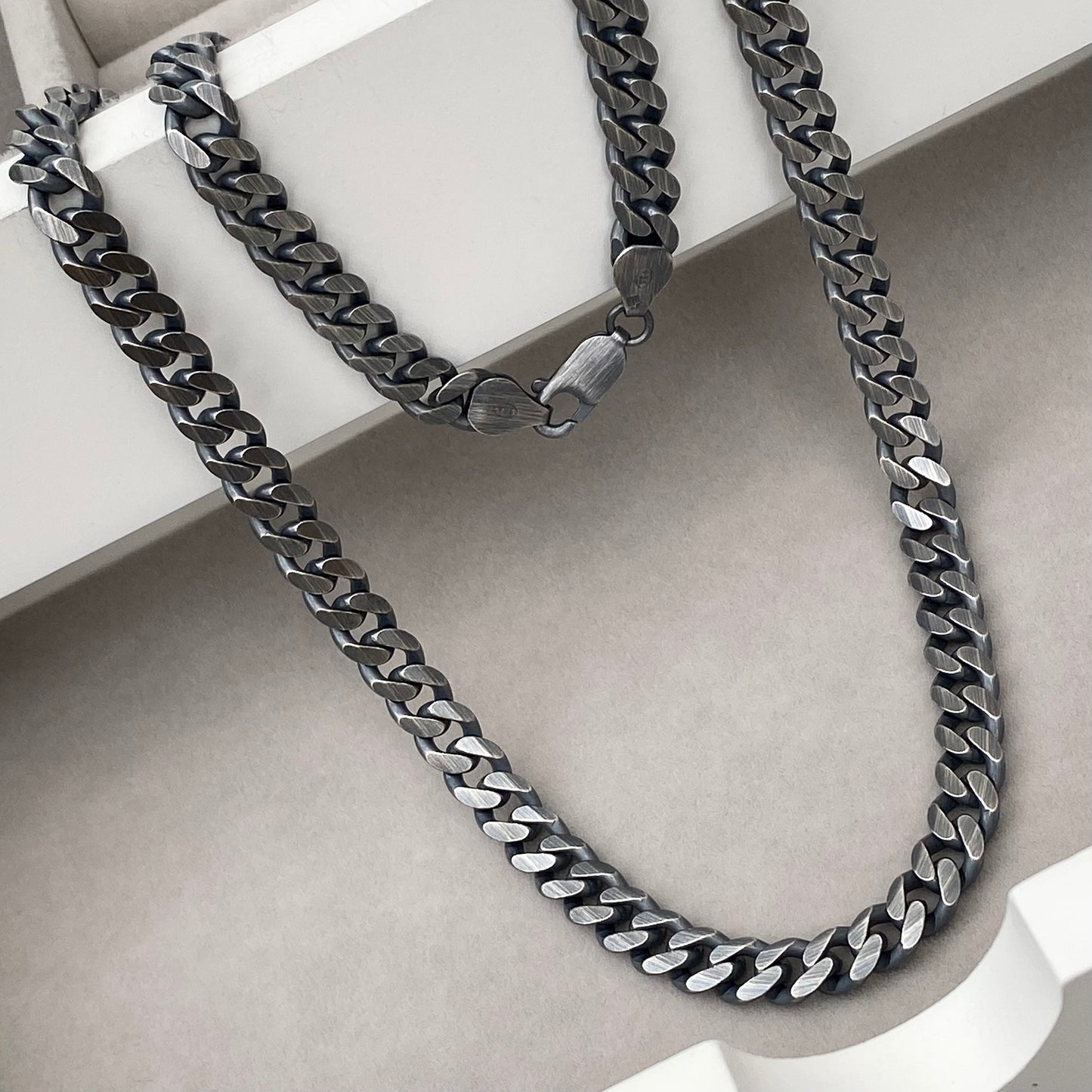 Oxidised or polished solid sterling silver heavy 6.6mm wide curb chain