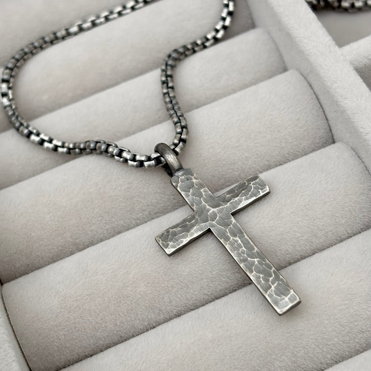 Oxidised or polished medium size sterling silver hammered cross pendant on a box belcher chain