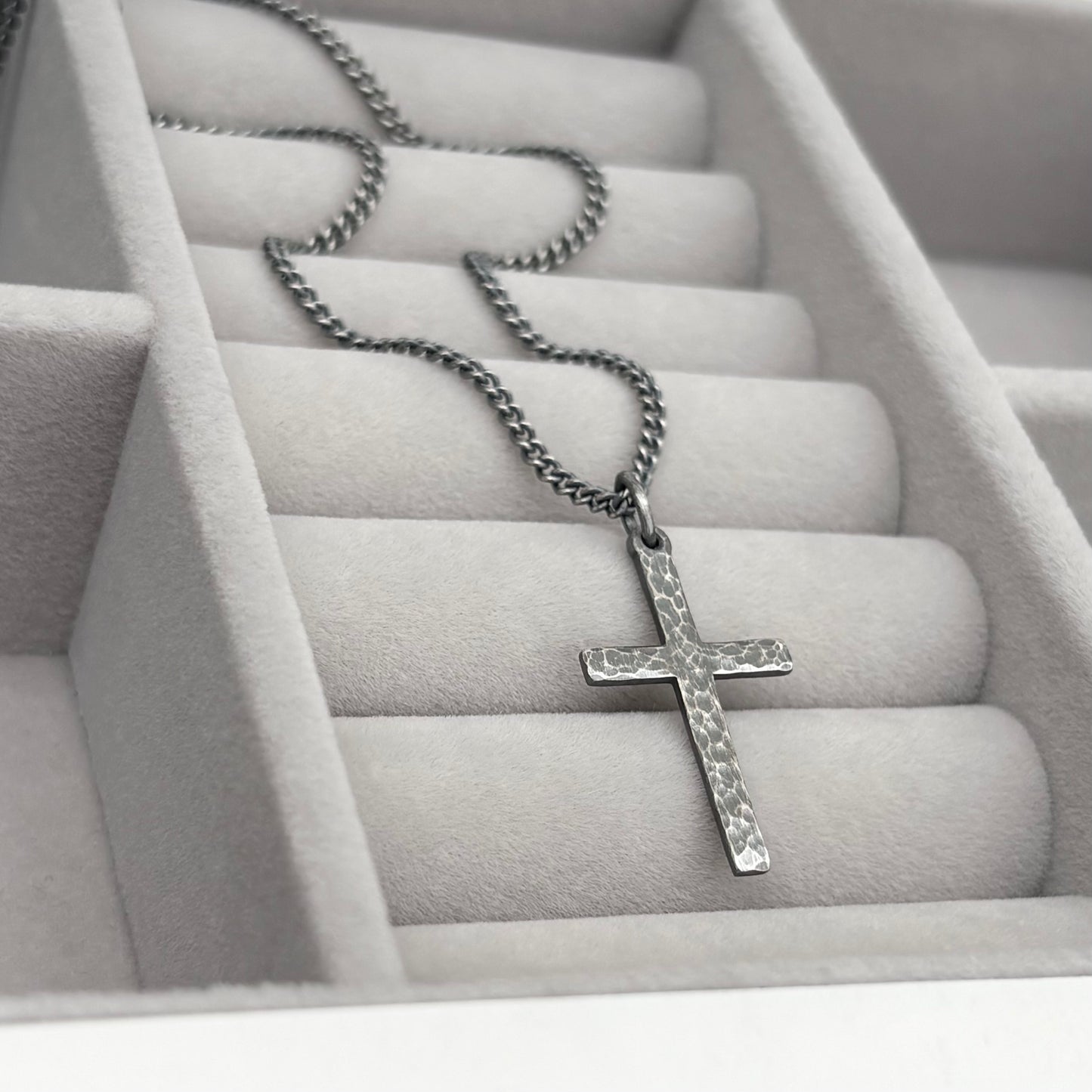 Oxidised or polished sterling silver standard size hammered cross pendant and on a curb chain