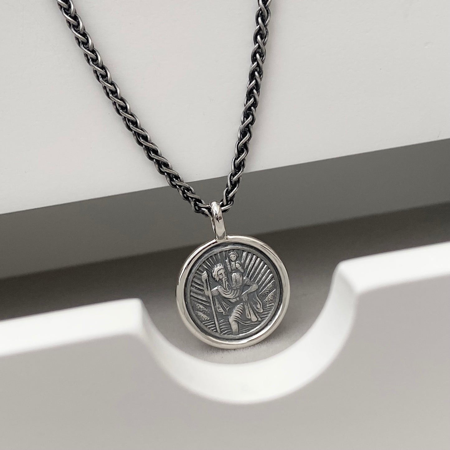 Oxidised or polished solid silver round Saint Christopher framed pendant on a 2.5mm wide spiga chain