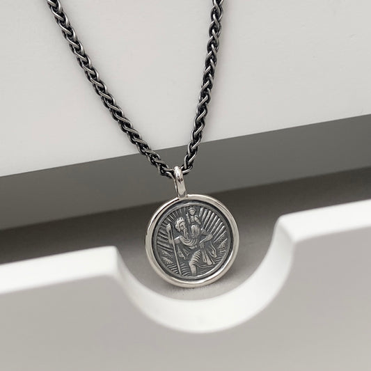 Oxidised or polished solid silver round Saint Christopher framed pendant on a 2.5mm wide spiga chain