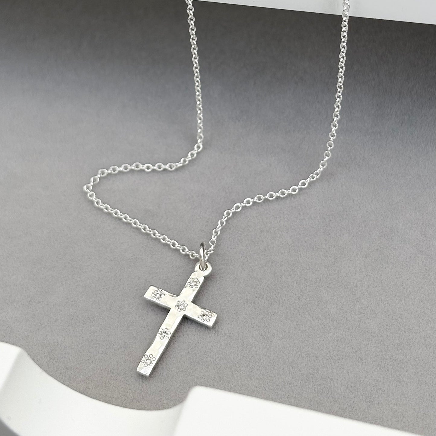 Handmade solid sterling silver floral set natural diamond hammered small cross pendant on a 1.2mm trace chain