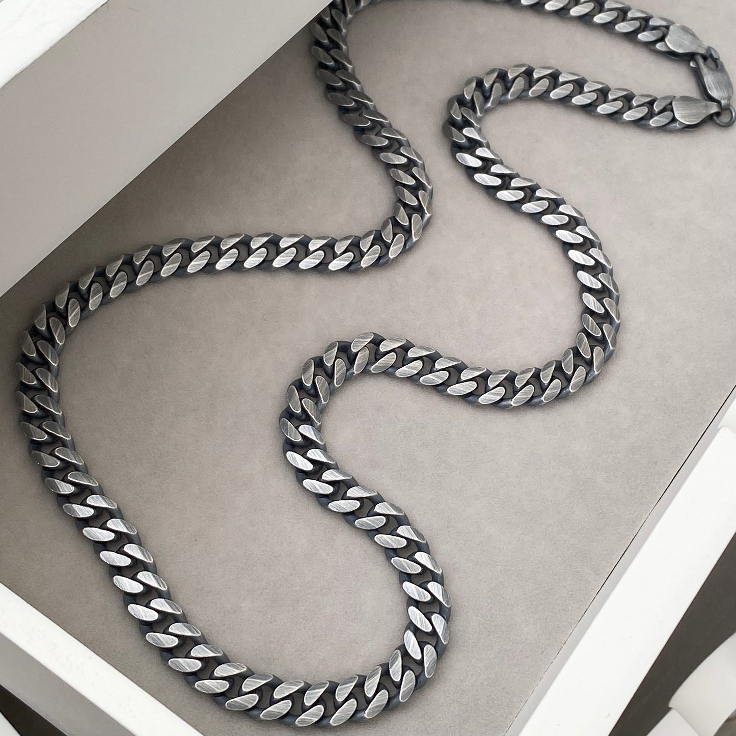 Oxidised or polished solid sterling silver heavy 6.6mm wide curb chain