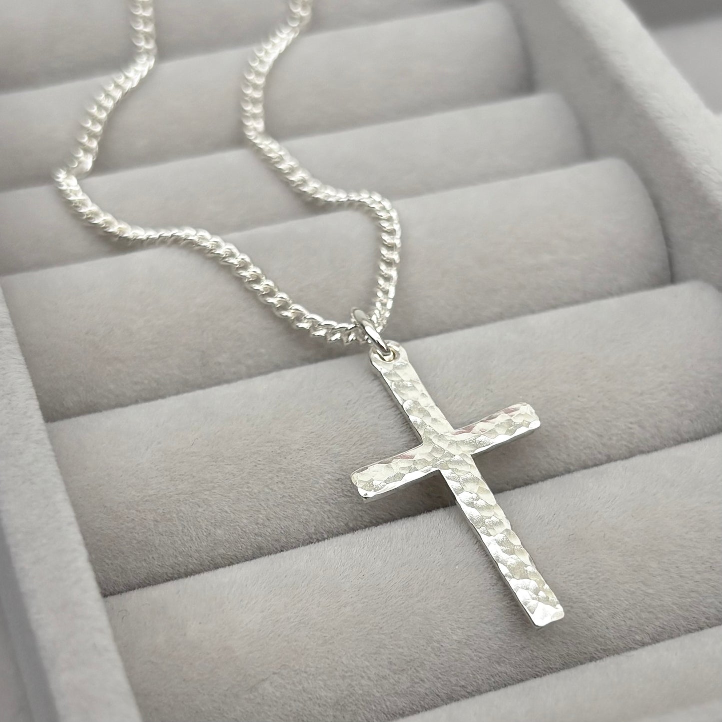 Oxidised or polished sterling silver standard size hammered cross pendant and on a curb chain