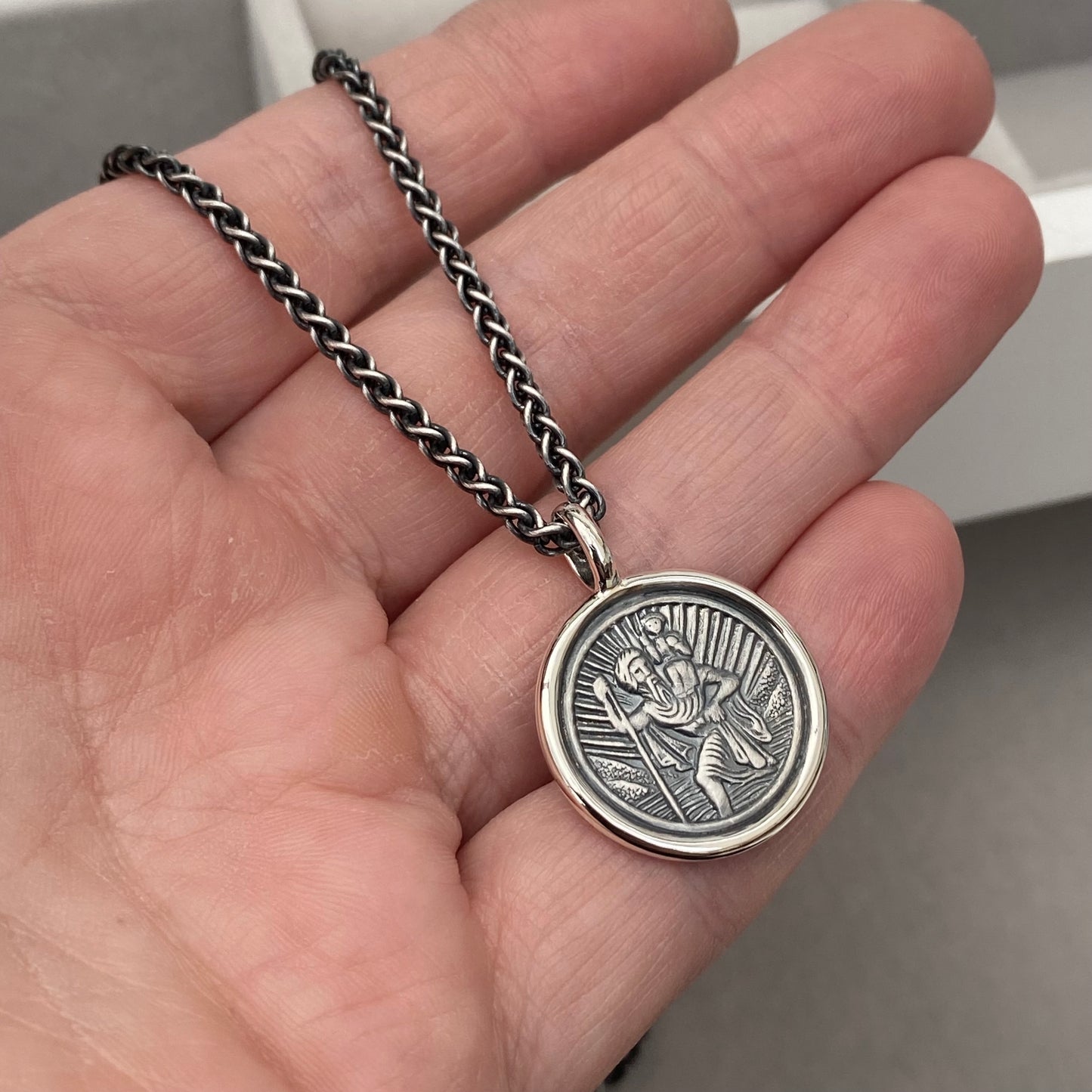 Oxidised or polished solid silver round Saint Christopher framed pendant on a 2.5mm wide spiga chain
