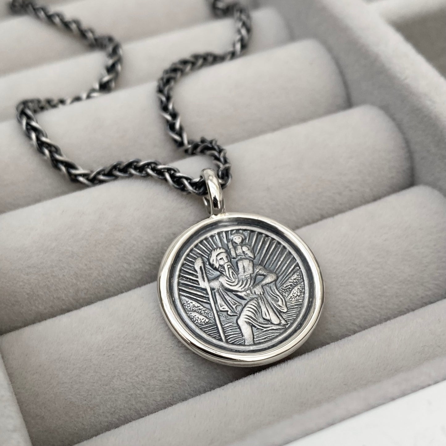 Oxidised or polished solid silver round Saint Christopher framed pendant on a 2.5mm wide spiga chain