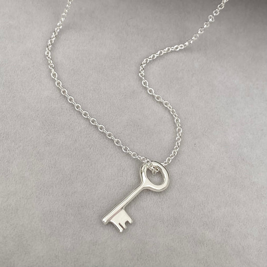 Sterling silver small and dainty key charm pendant and chain