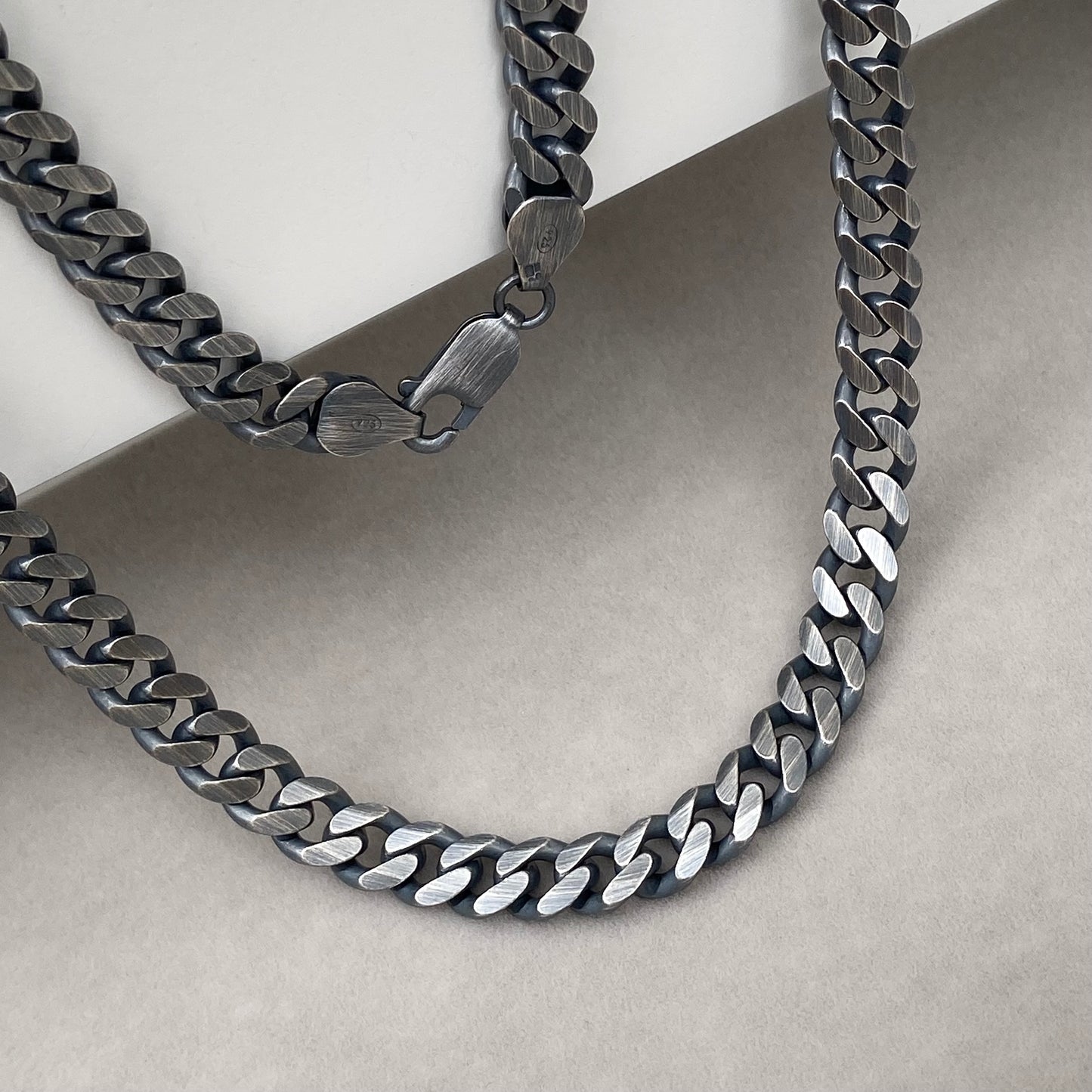 Oxidised or polished solid sterling silver heavy 6.6mm wide curb chain