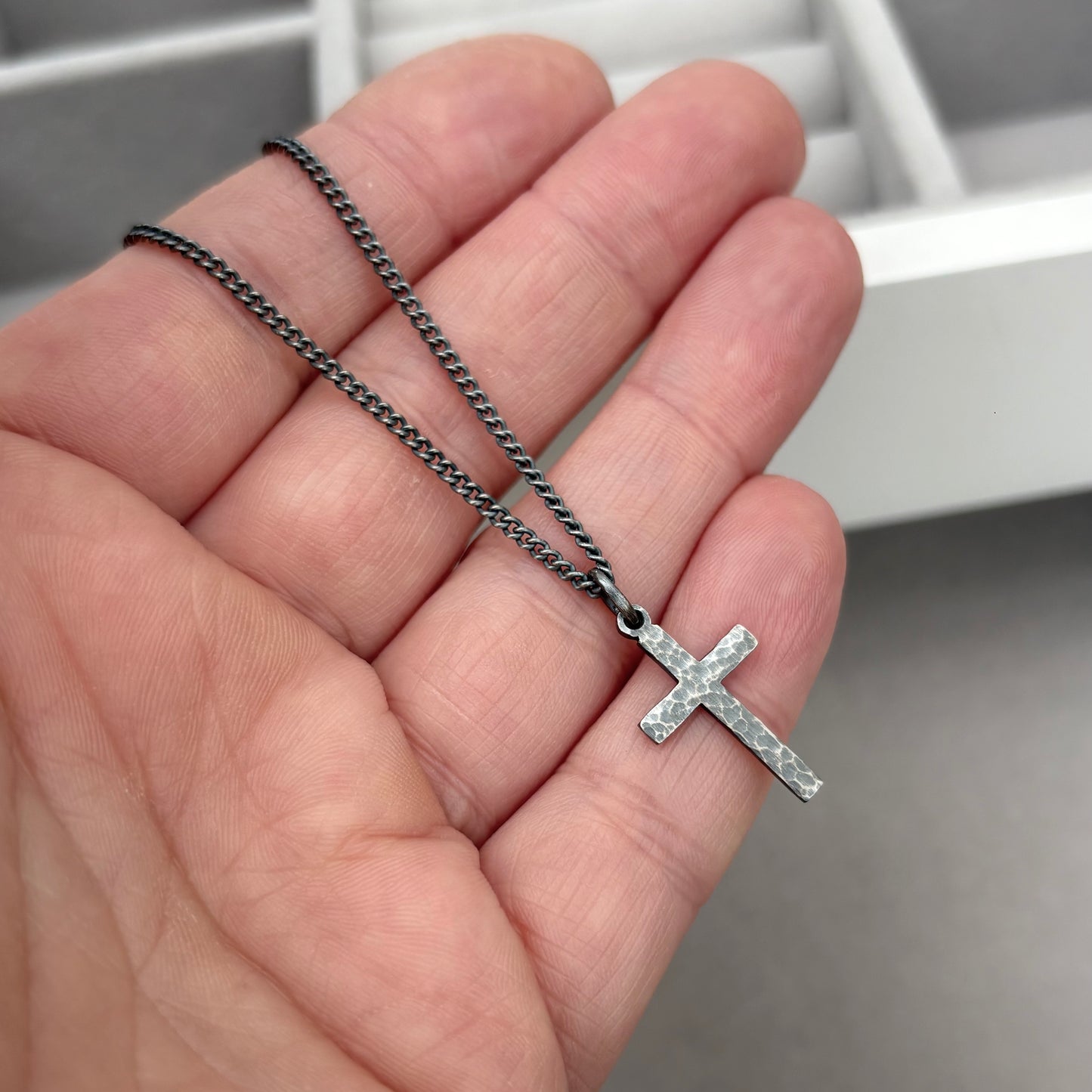 Oxidised or polished small size sterling silver hammered cross pendant and curb chain