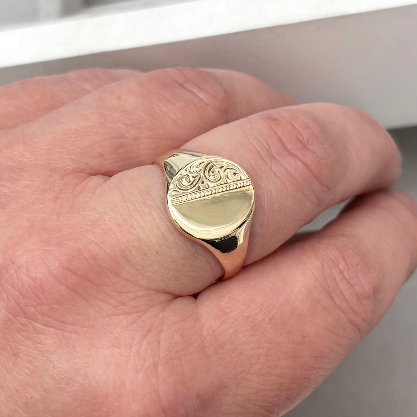 Just in! Vintage 1970s 9ct yellow gold Engraved Oval Cushion signet ring