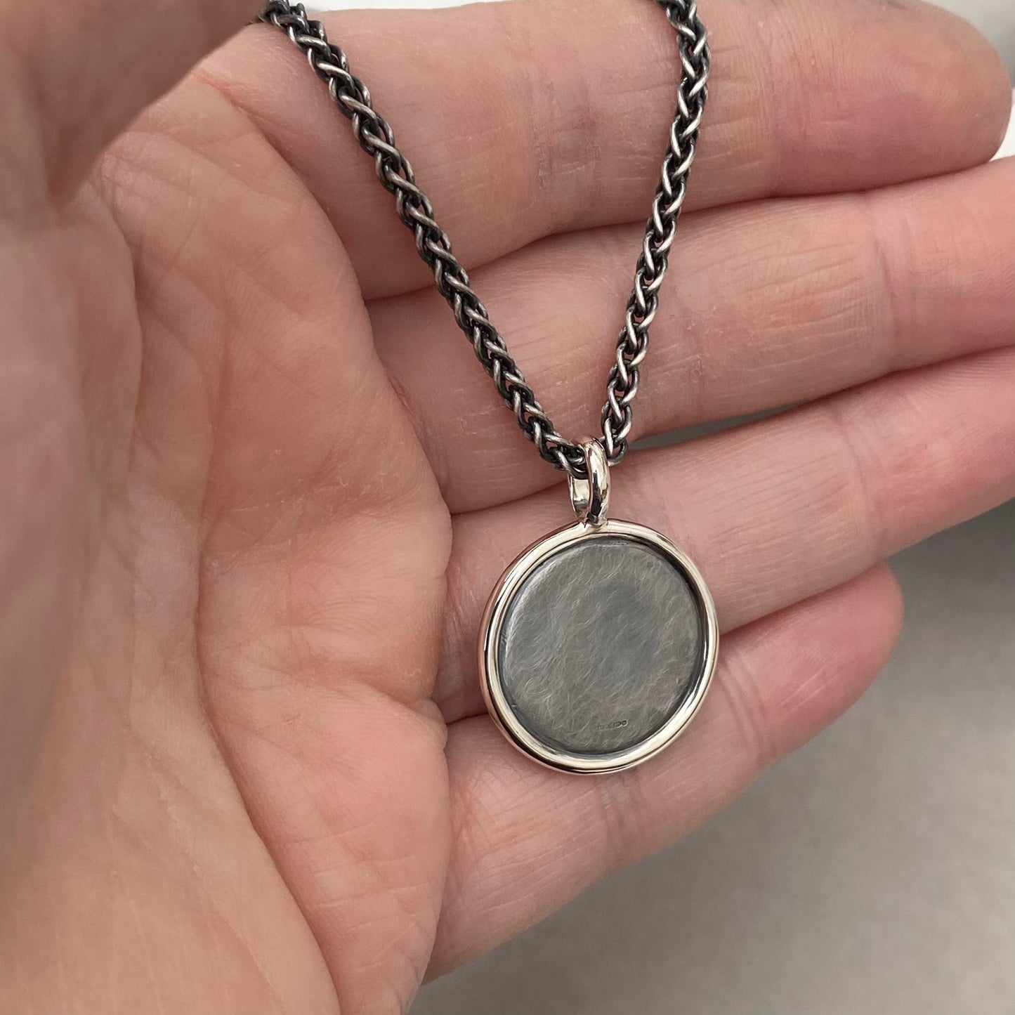 Oxidised or polished solid silver round Saint Christopher framed pendant on a 2.5mm wide spiga chain