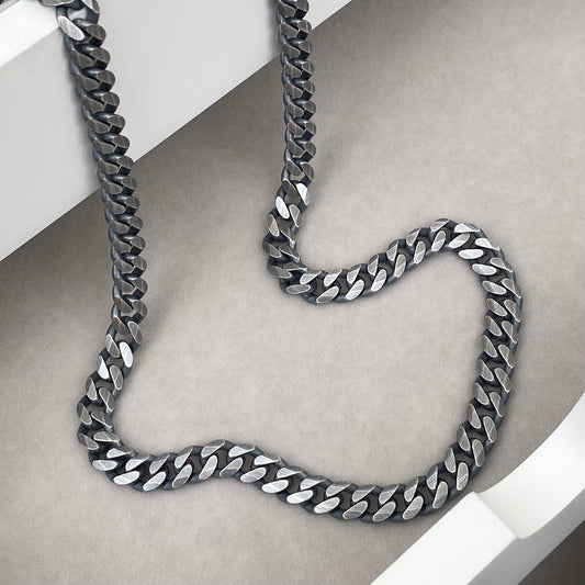Oxidised or polished solid sterling silver heavy 6.6mm wide curb chain