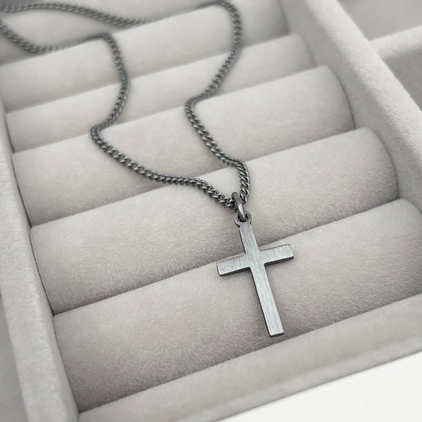 Oxidised or polished small size sterling silver hammered cross pendant and curb chain