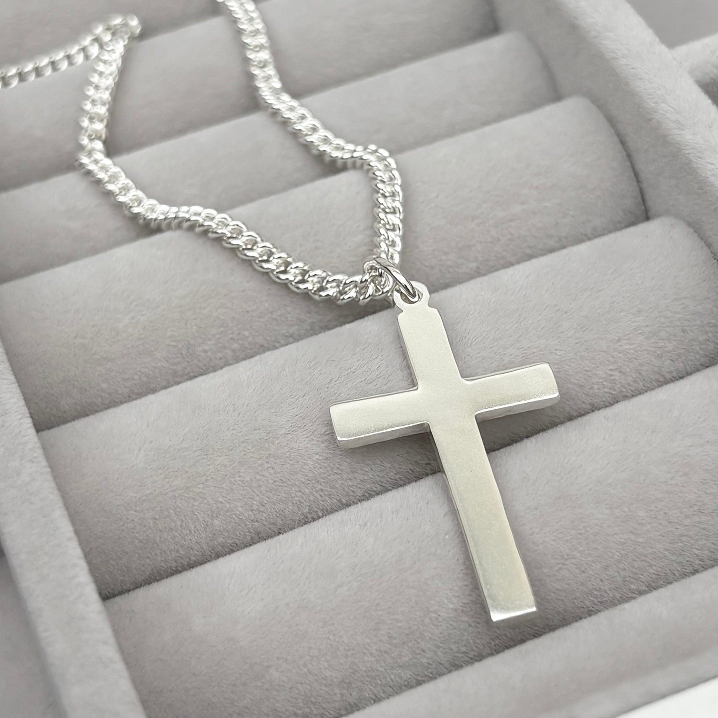 Oxidised or polished medium size sterling silver hammered cross pendant on a curb chain