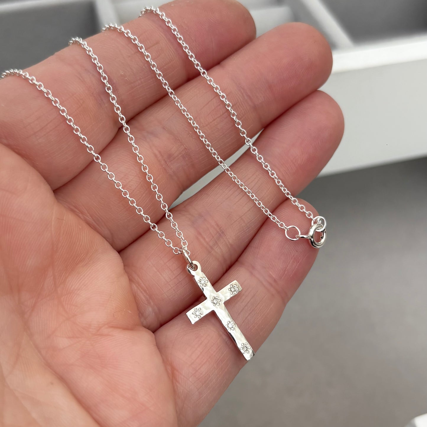 Handmade solid sterling silver floral set natural diamond hammered small cross pendant on a 1.2mm trace chain