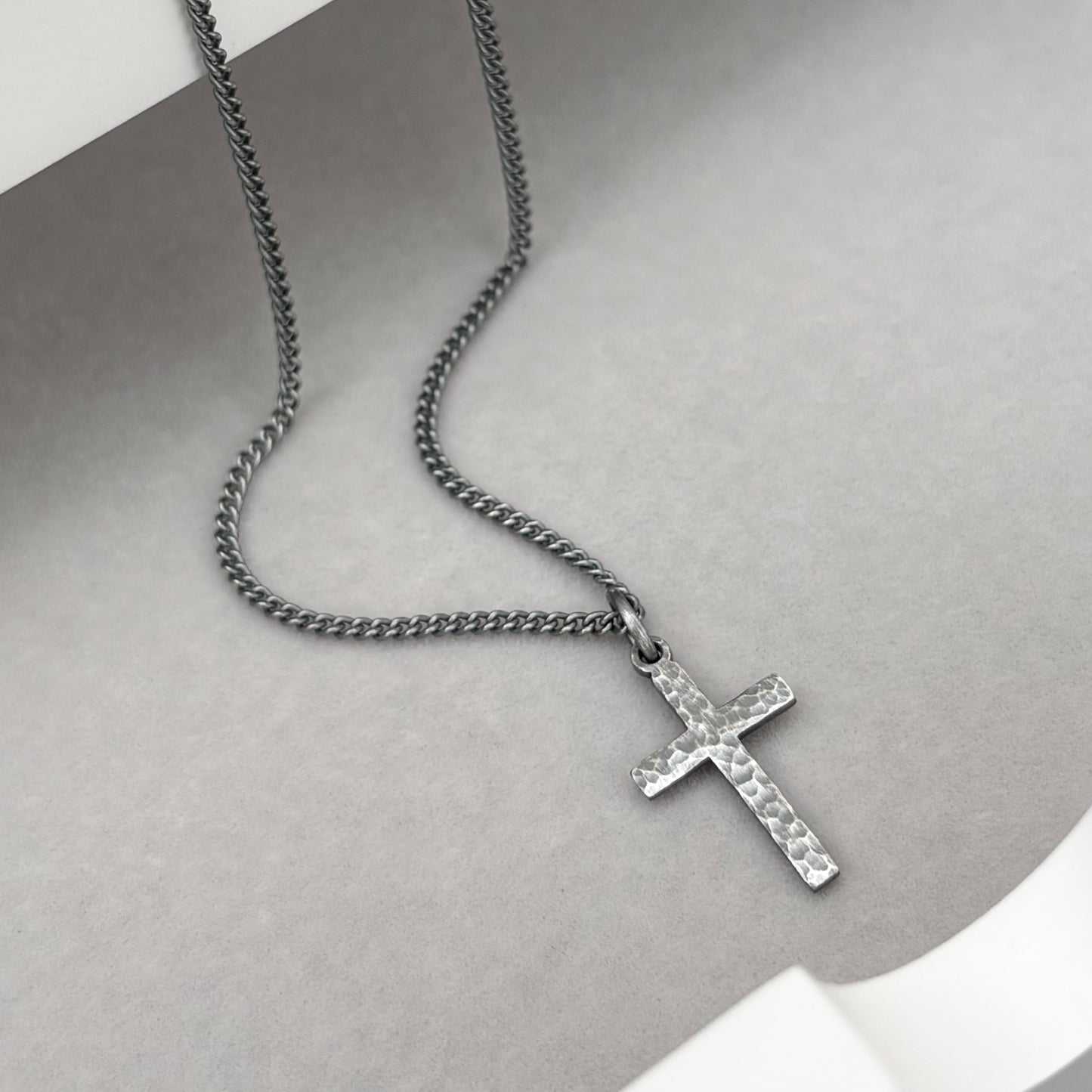 Oxidised or polished small size sterling silver hammered cross pendant and curb chain