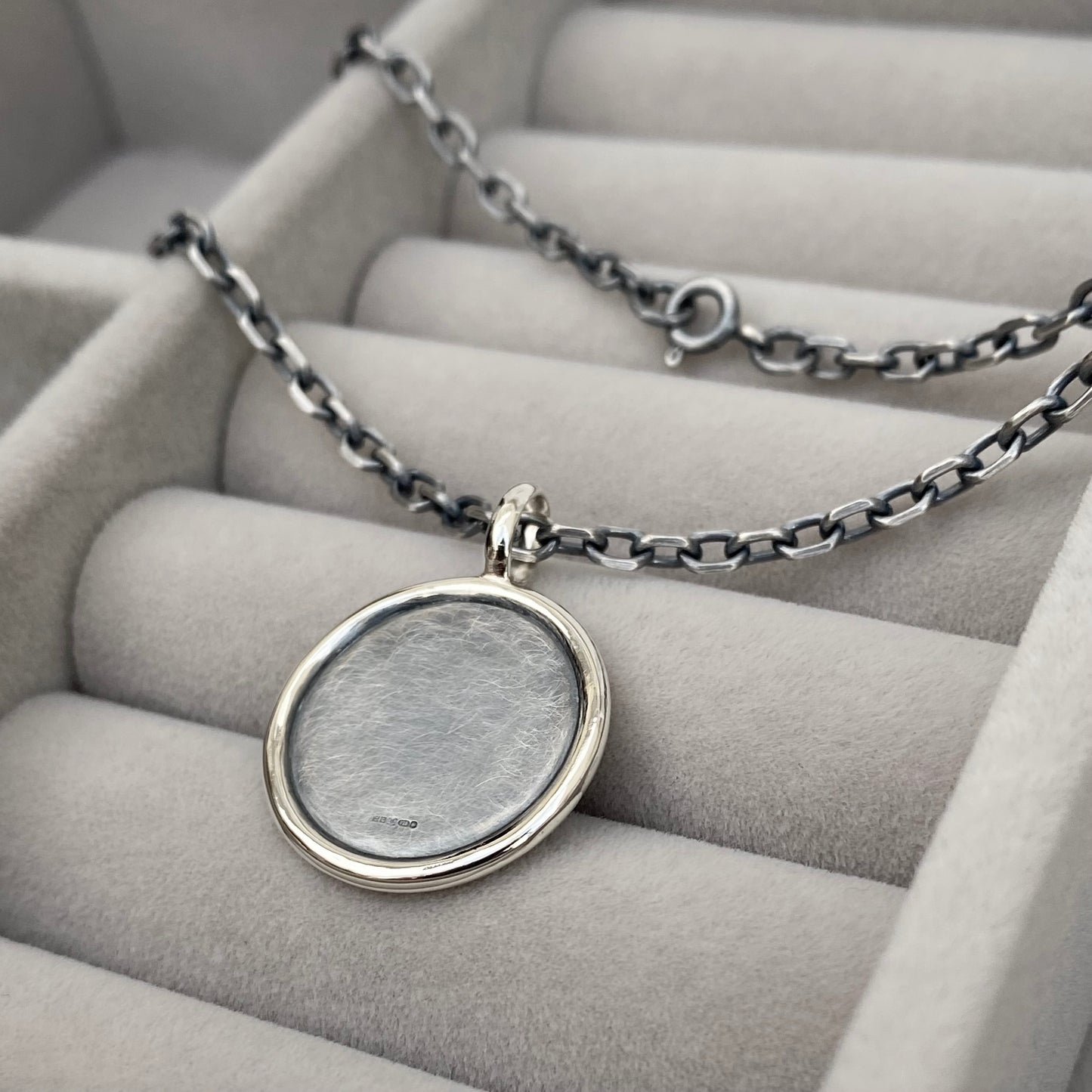 Oxidised solid silver Saint Christopher circle framed pendant on a 2.9mm wide diamond cut trace chain