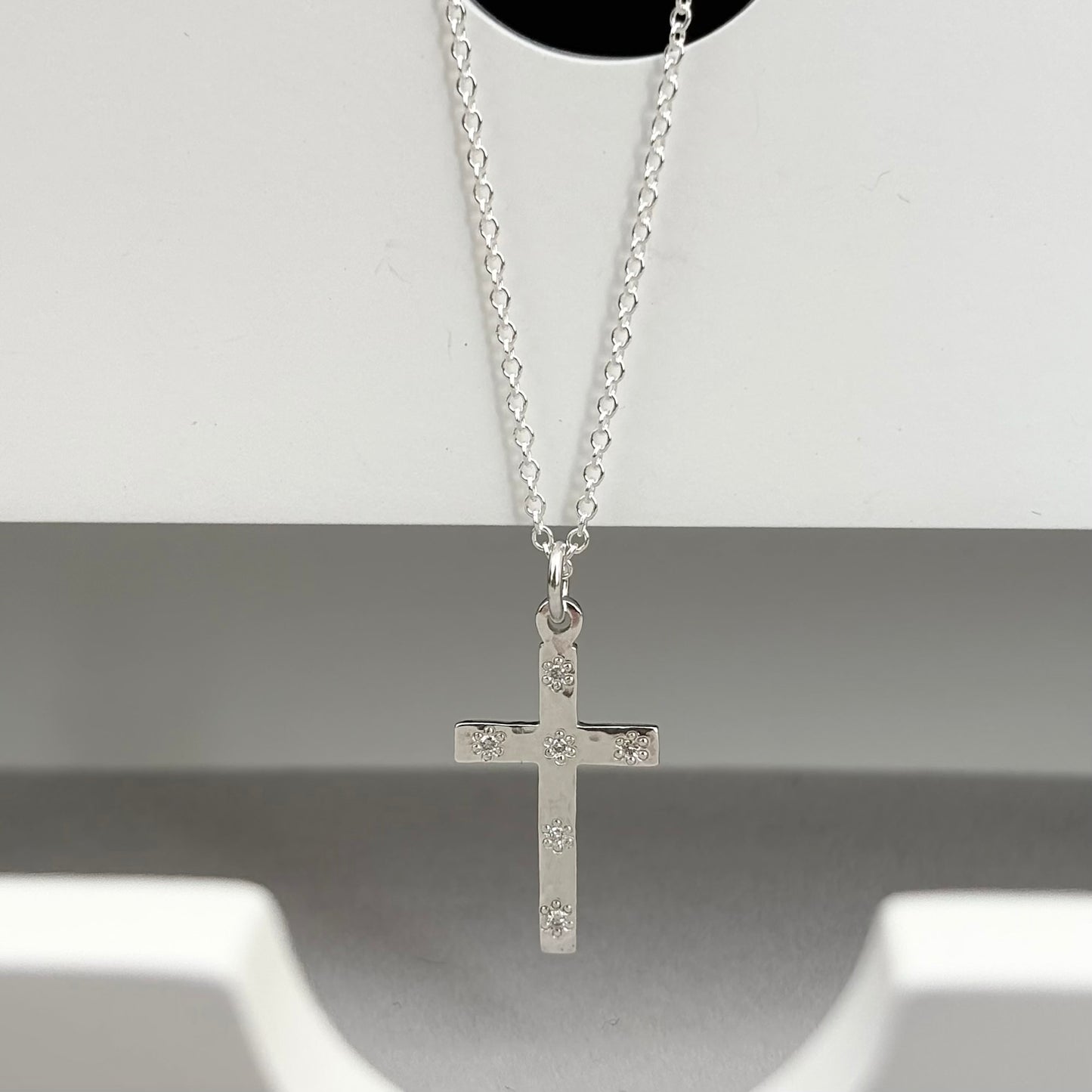 Handmade solid sterling silver floral set natural diamond hammered small cross pendant on a 1.2mm trace chain
