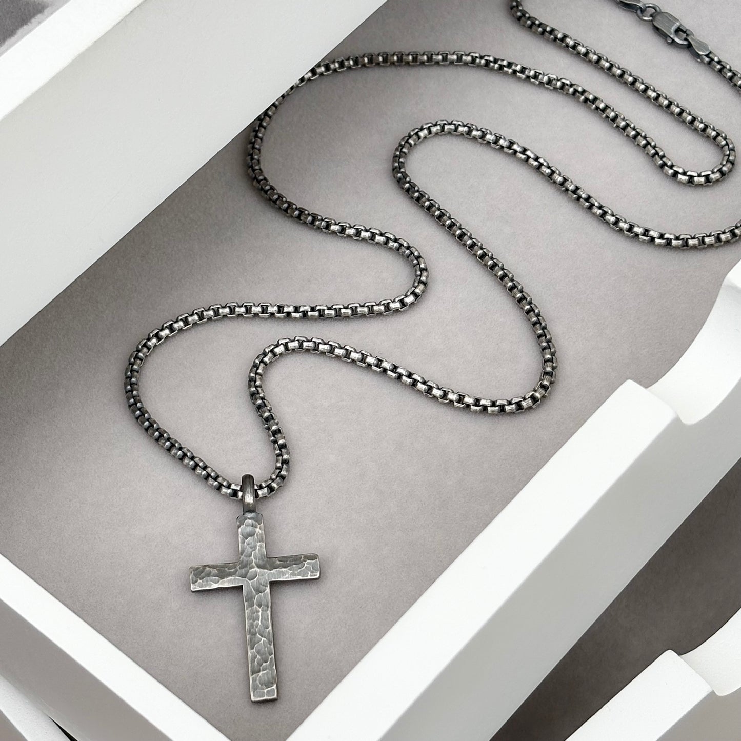 Oxidised or polished medium size sterling silver hammered cross pendant on a box belcher chain