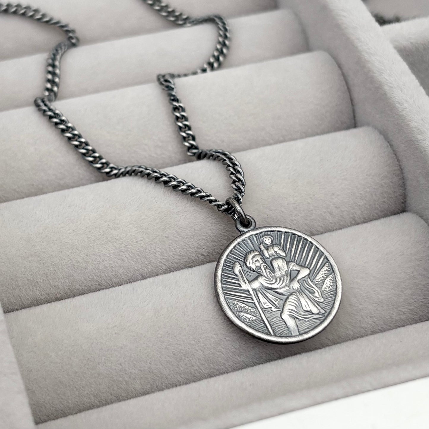 Oxidised or polished solid sterling silver round Saint Christopher pendant on a curb chain