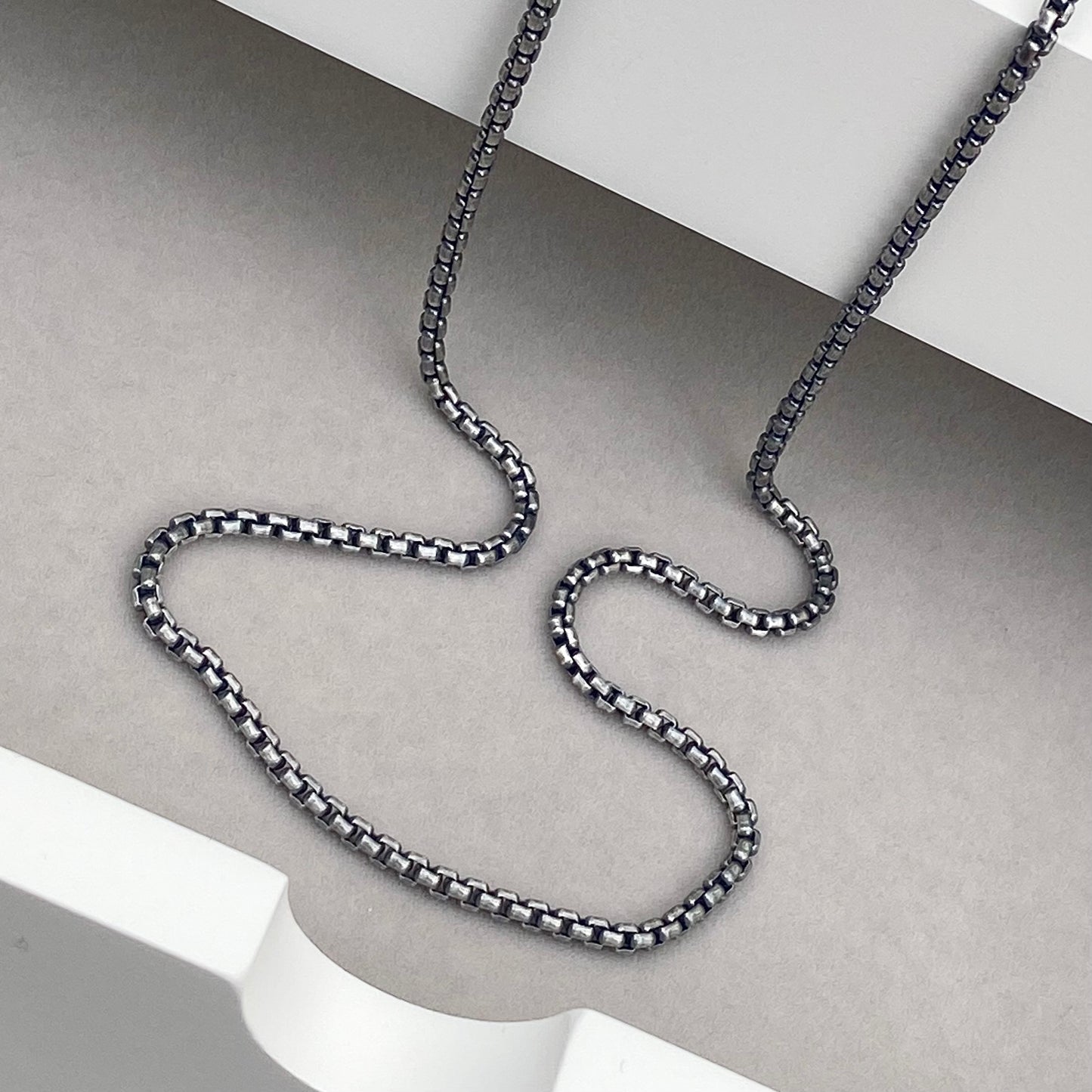 Oxidised or polished solid sterling silver 2.5mm wide box belcher chain