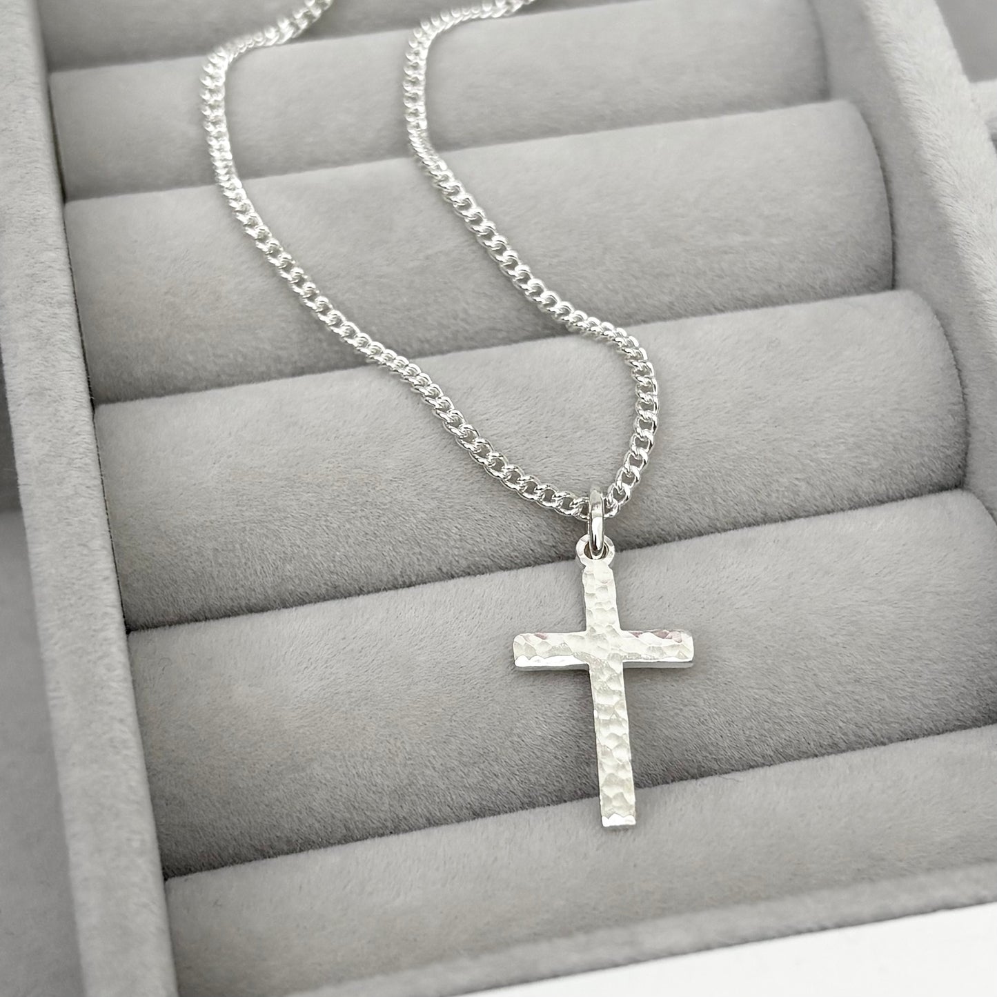 Oxidised or polished small size sterling silver hammered cross pendant and curb chain