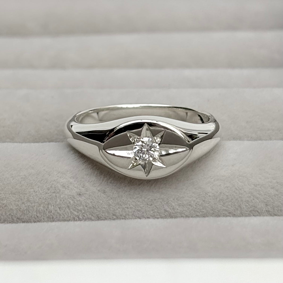 Hand engraved star set lab diamond sterling silver oval signet ring