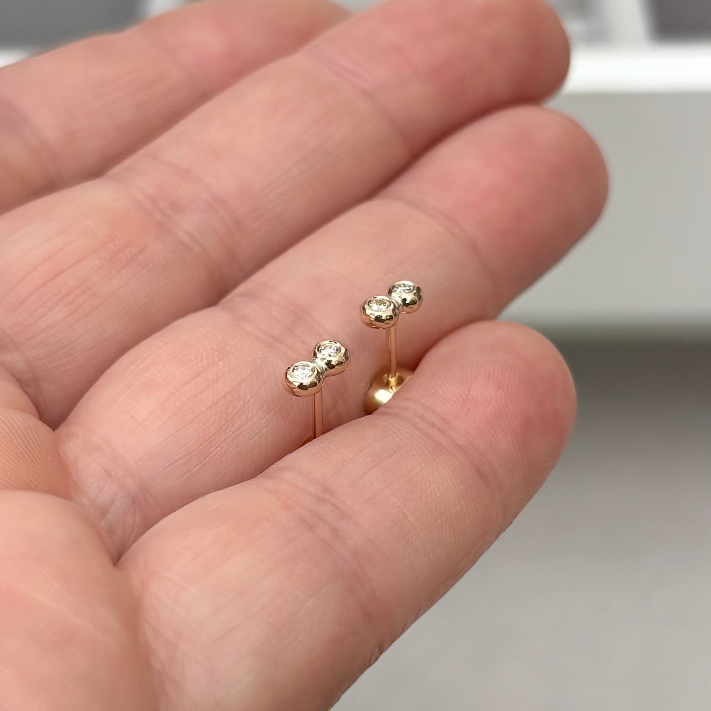 New arrival! Handmade 9ct yellow gold tiny double nugget natural diamond stud earrings