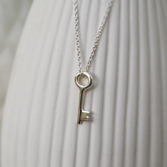 Solid silver small and dainty key charm pendant and chain