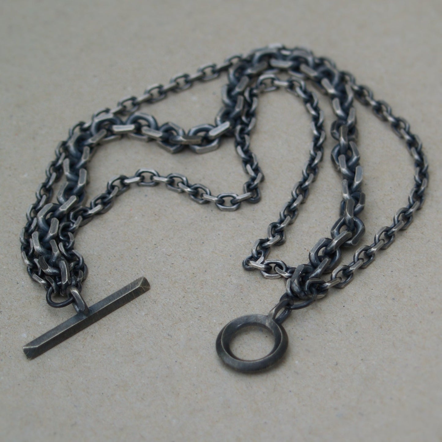 Oxidised or polished solid silver heavy triple diamond cut trace chain bracelet with a handmade unique T-bar design
