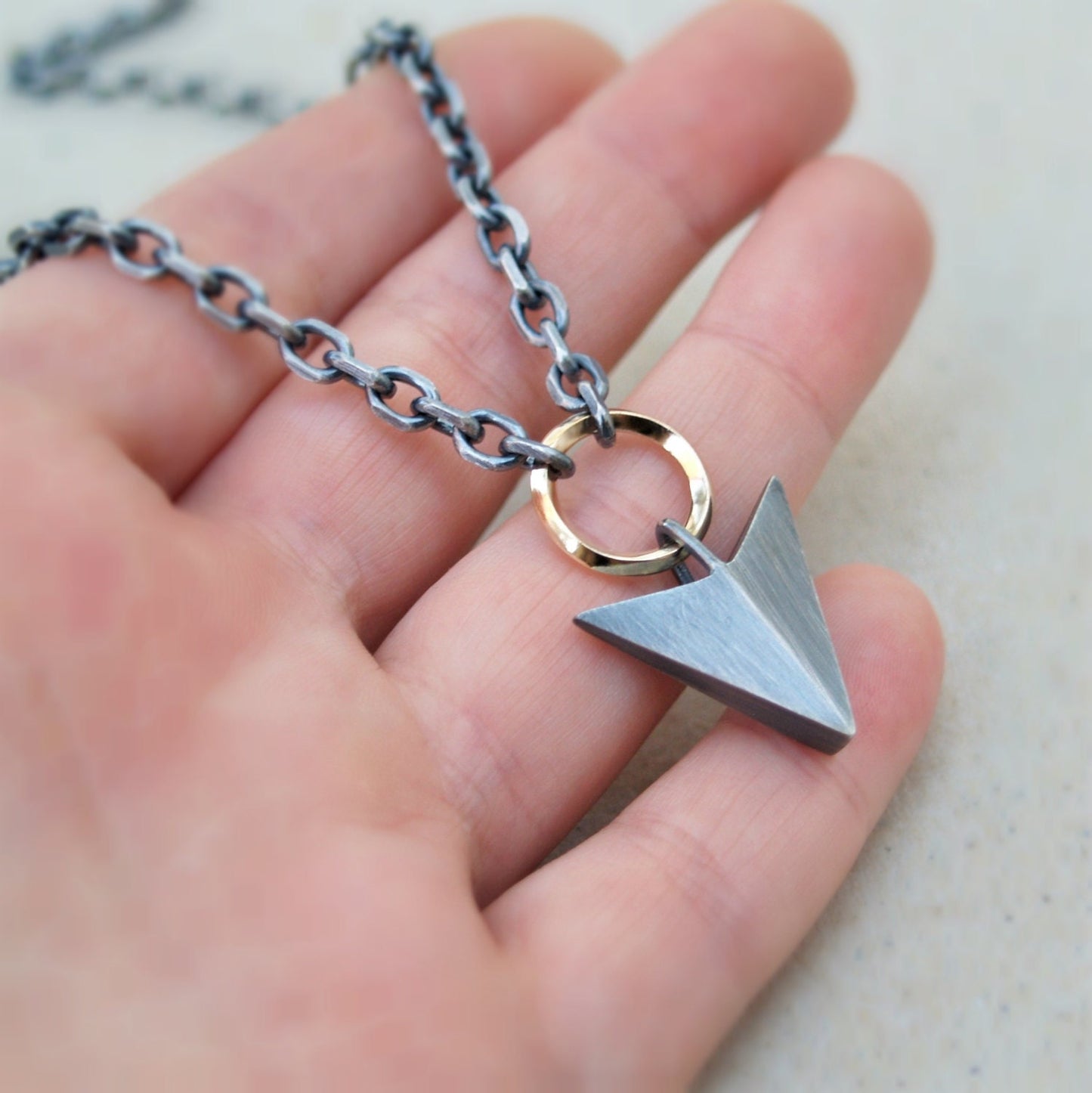 Handmade solid silver large arrow and 9ct yellow gold loop pendant on a diamond cut trace chain - Oxidised or Polished