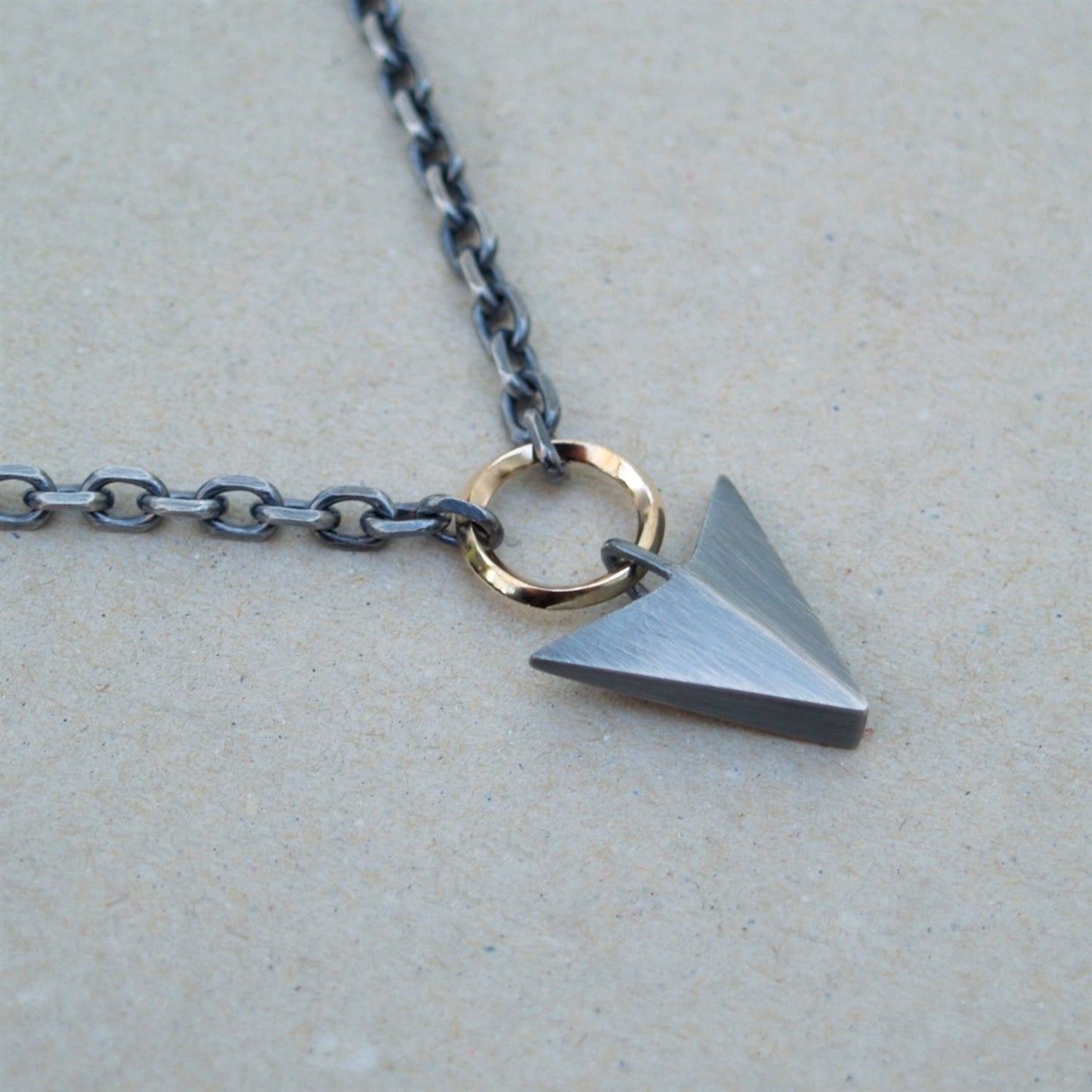 Handmade solid silver large arrow and 9ct yellow gold loop pendant on a diamond cut trace chain - Oxidised or Polished