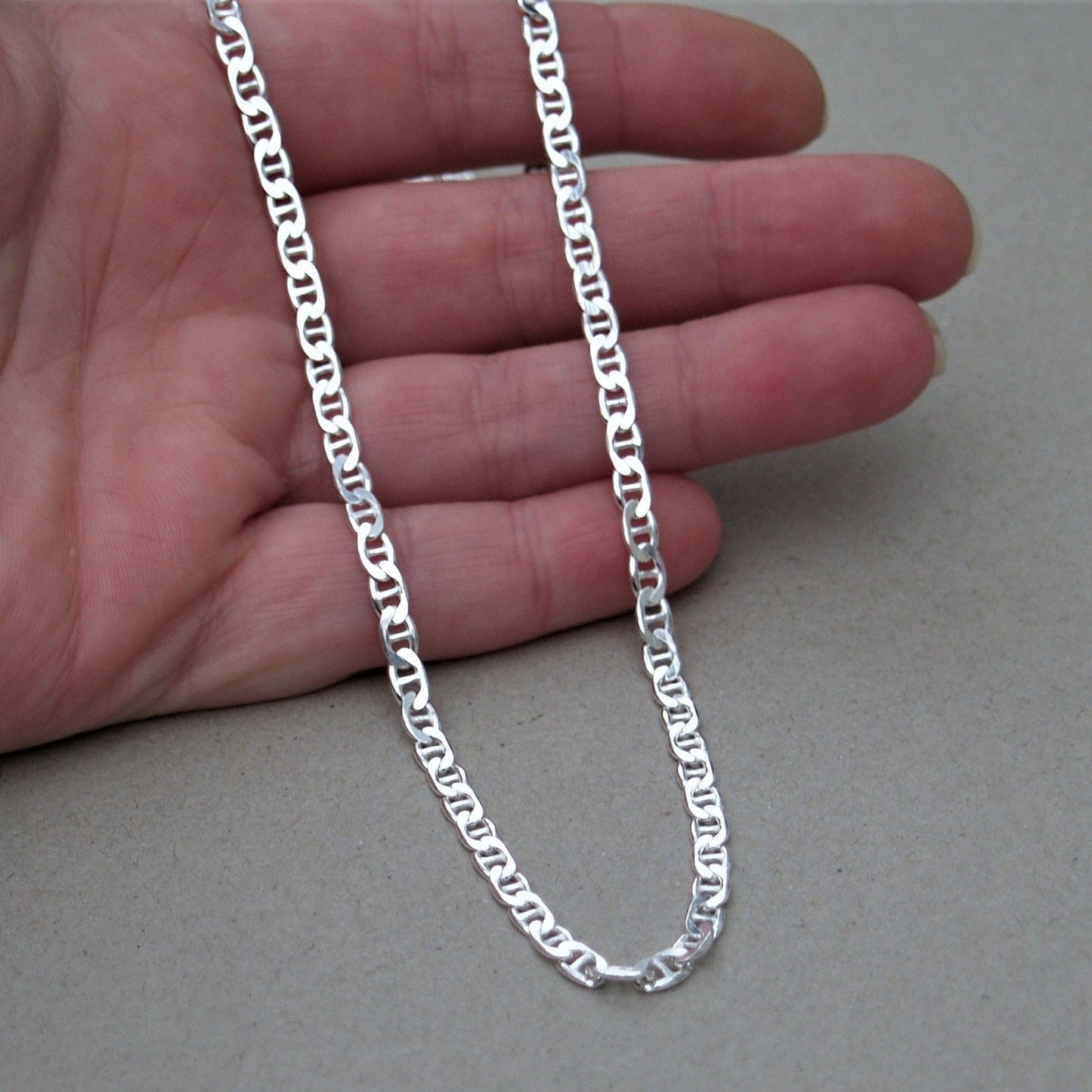 Solid silver 3.7mm wide anchor flat curb chain - Oxidised or polished