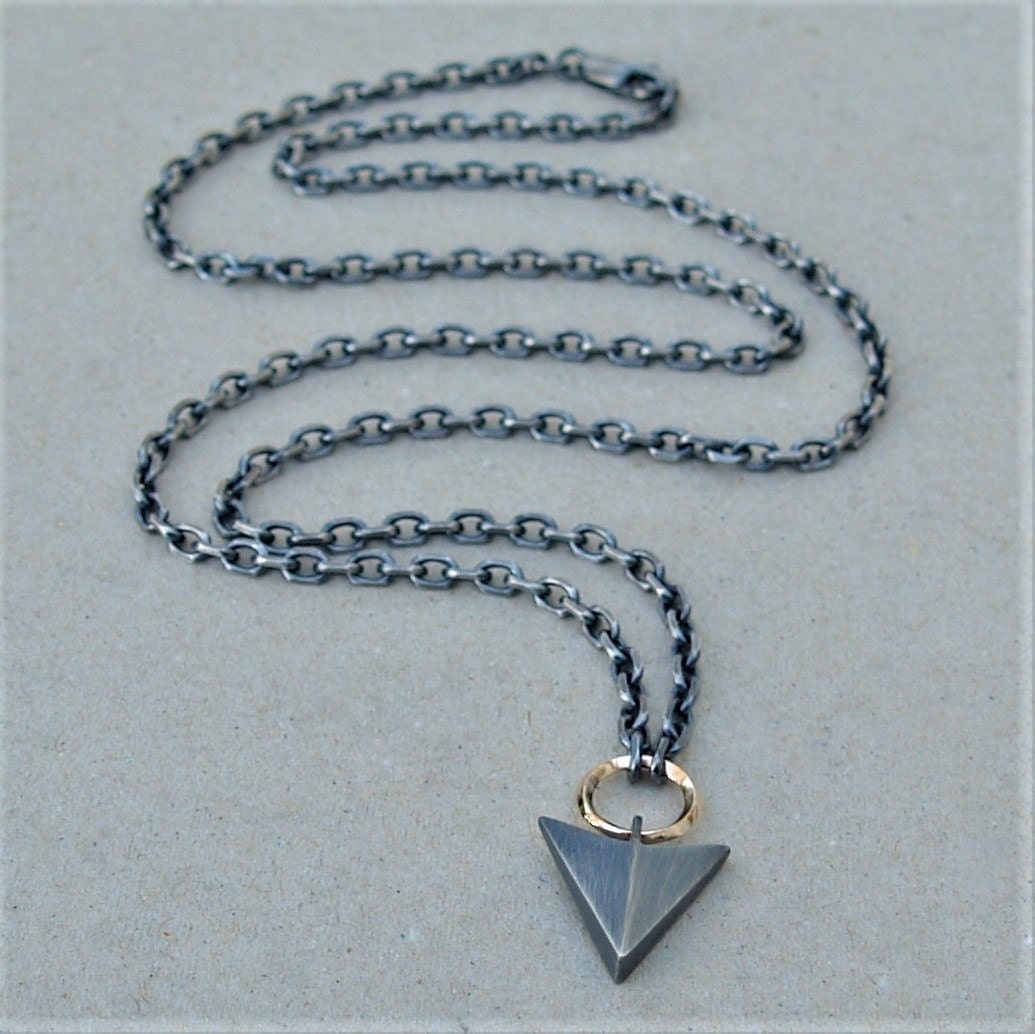 Handmade solid silver large arrow and 9ct yellow gold loop pendant on a diamond cut trace chain - Oxidised or Polished