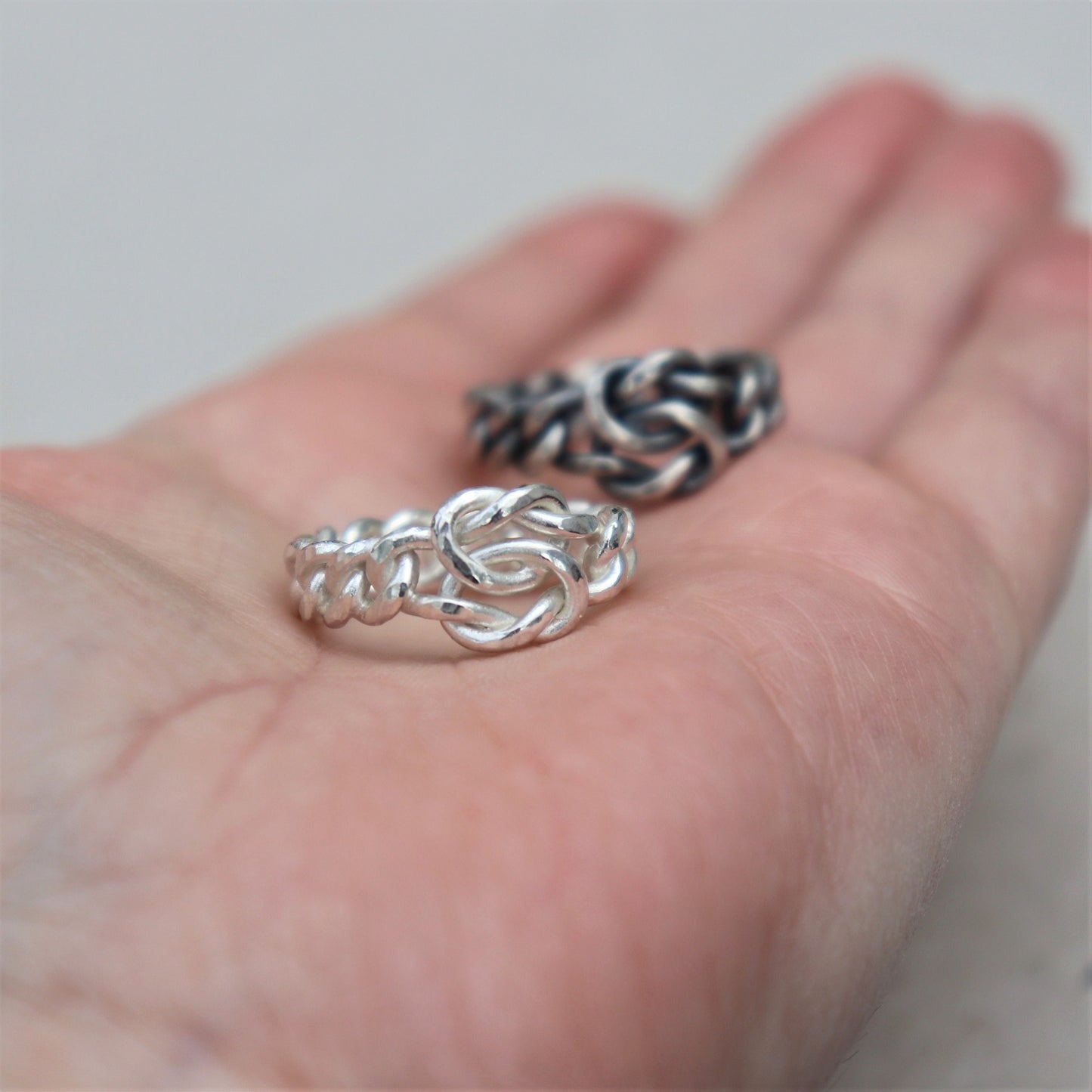 Oxidised or polished chunky solid sterling silver rustic lovers knot curb chain ring
