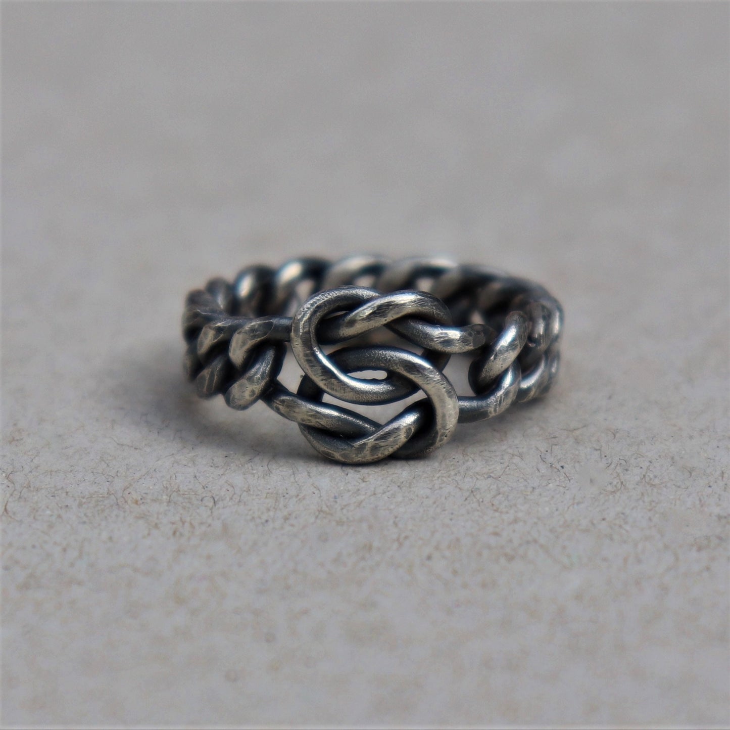 Oxidised or polished chunky solid sterling silver rustic lovers knot curb chain ring