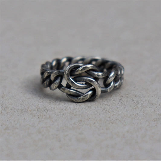 Oxidised or polished chunky solid sterling silver rustic lovers knot curb chain ring