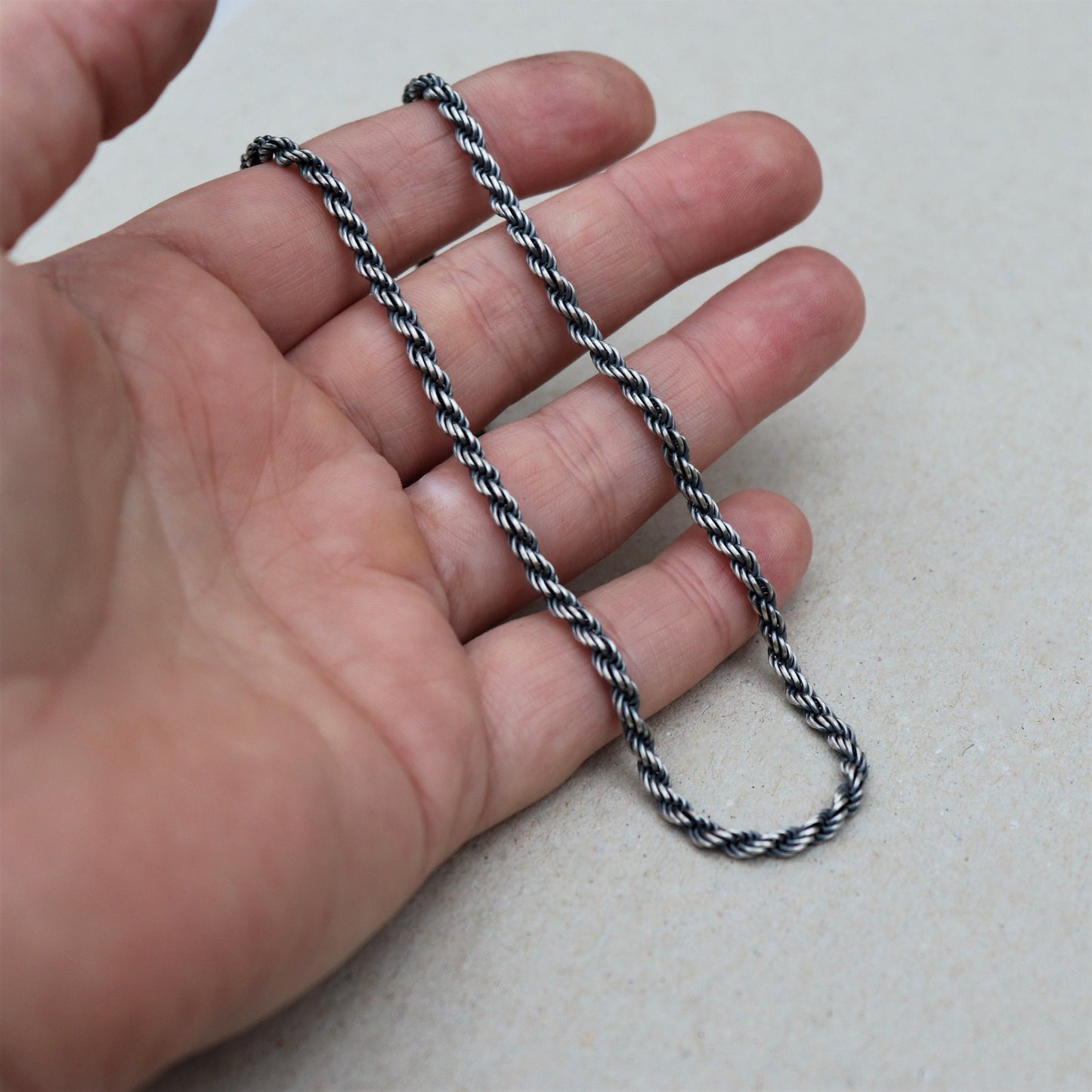 Oxidised or polished sterling silver 3.3mm rope chain