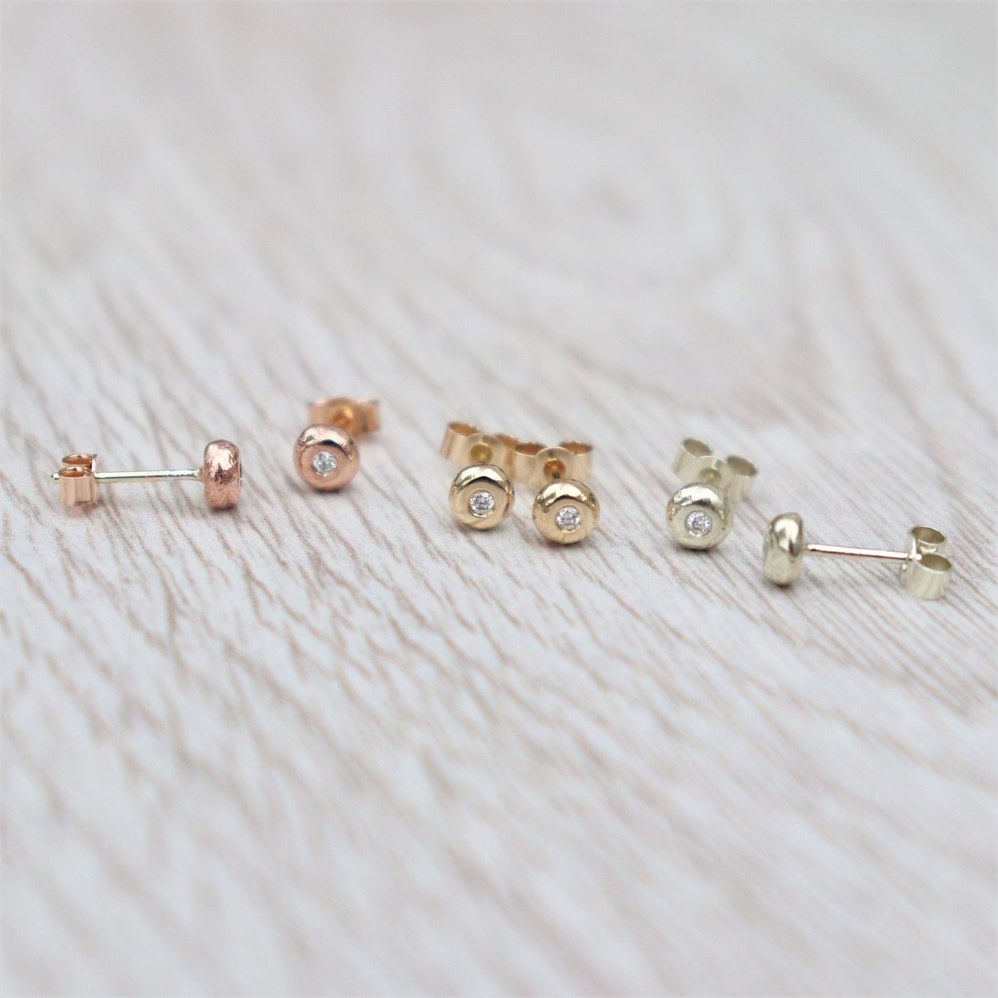Handmade 9ct solid yellow, rose or white gold 1.5mm diamond nugget stud earrings