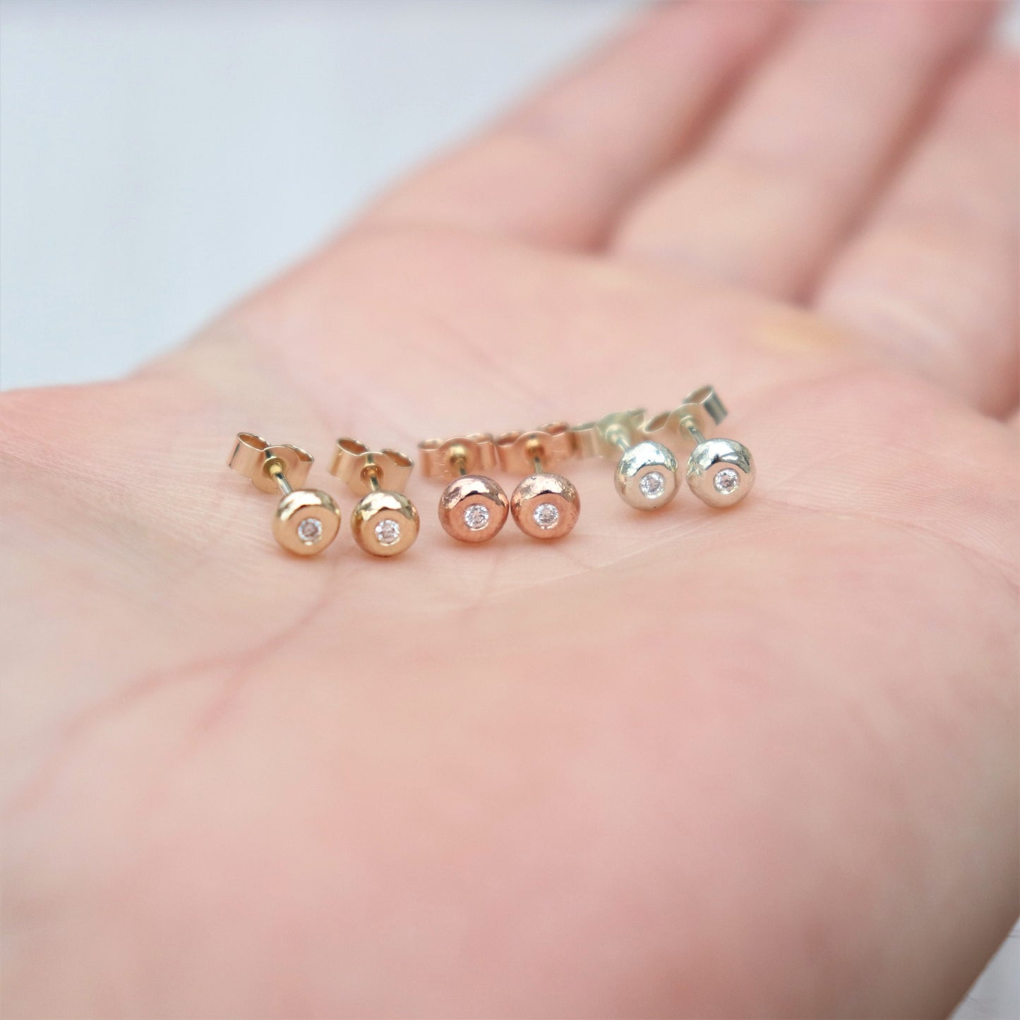 Handmade 9ct solid yellow, rose or white gold 1.5mm diamond nugget stud earrings