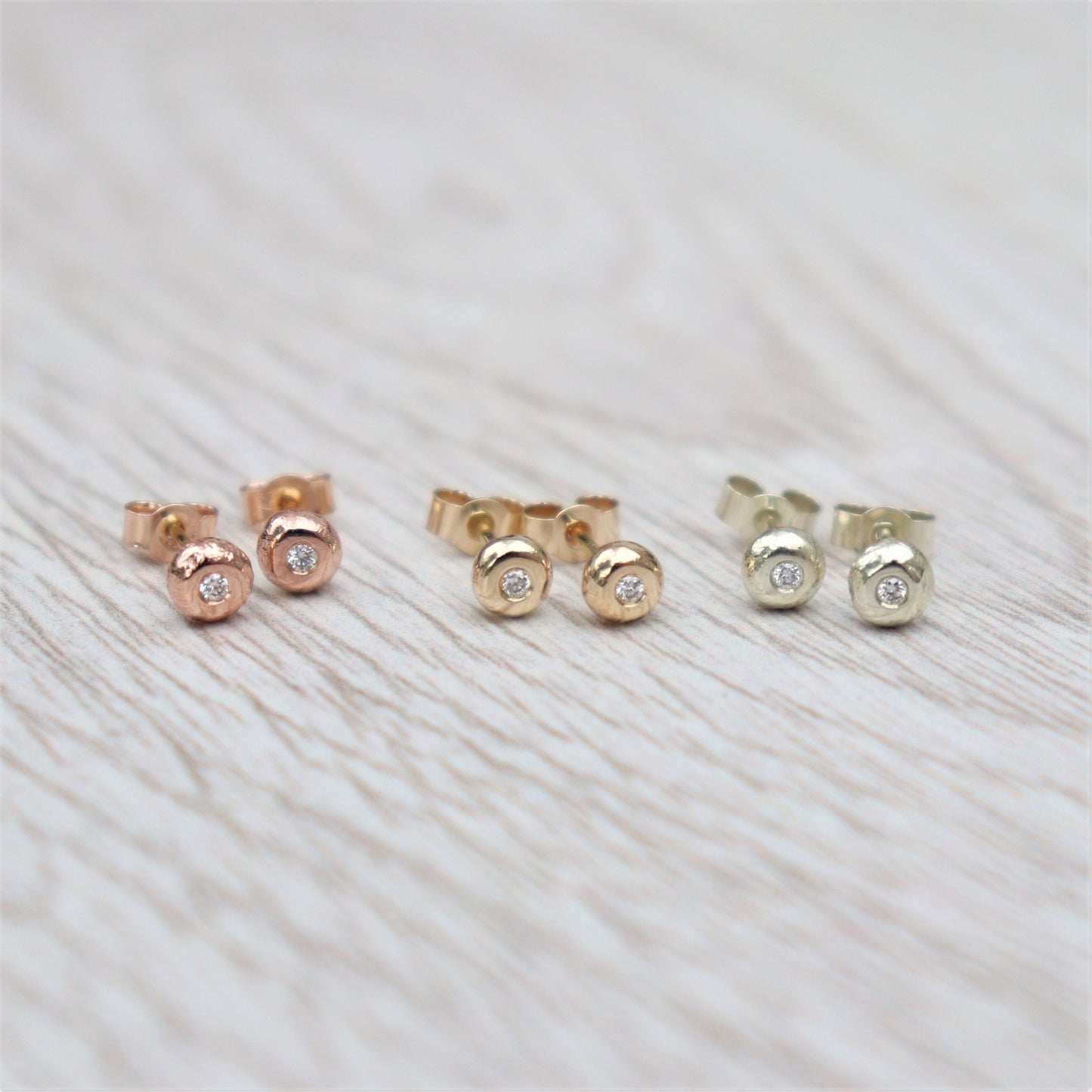 Handmade 9ct solid yellow, rose or white gold 1.5mm diamond nugget stud earrings