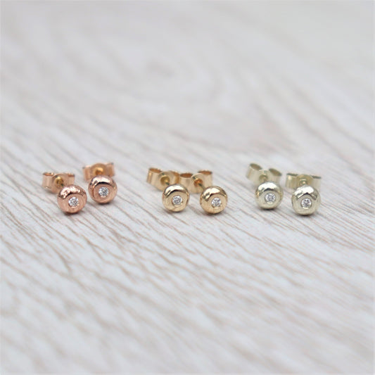 Handmade 9ct solid yellow, rose or white gold 1.5mm diamond nugget stud earrings