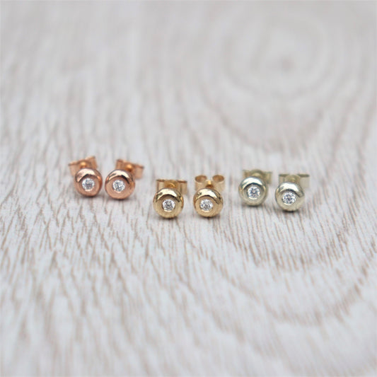 Handmade 9ct solid yellow, rose or white gold 2mm diamond nugget stud earrings